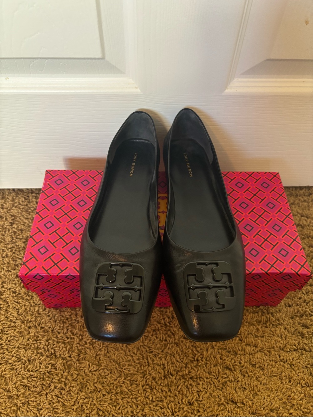 Tory Burch Black Leather Logo Square-Toe Flats